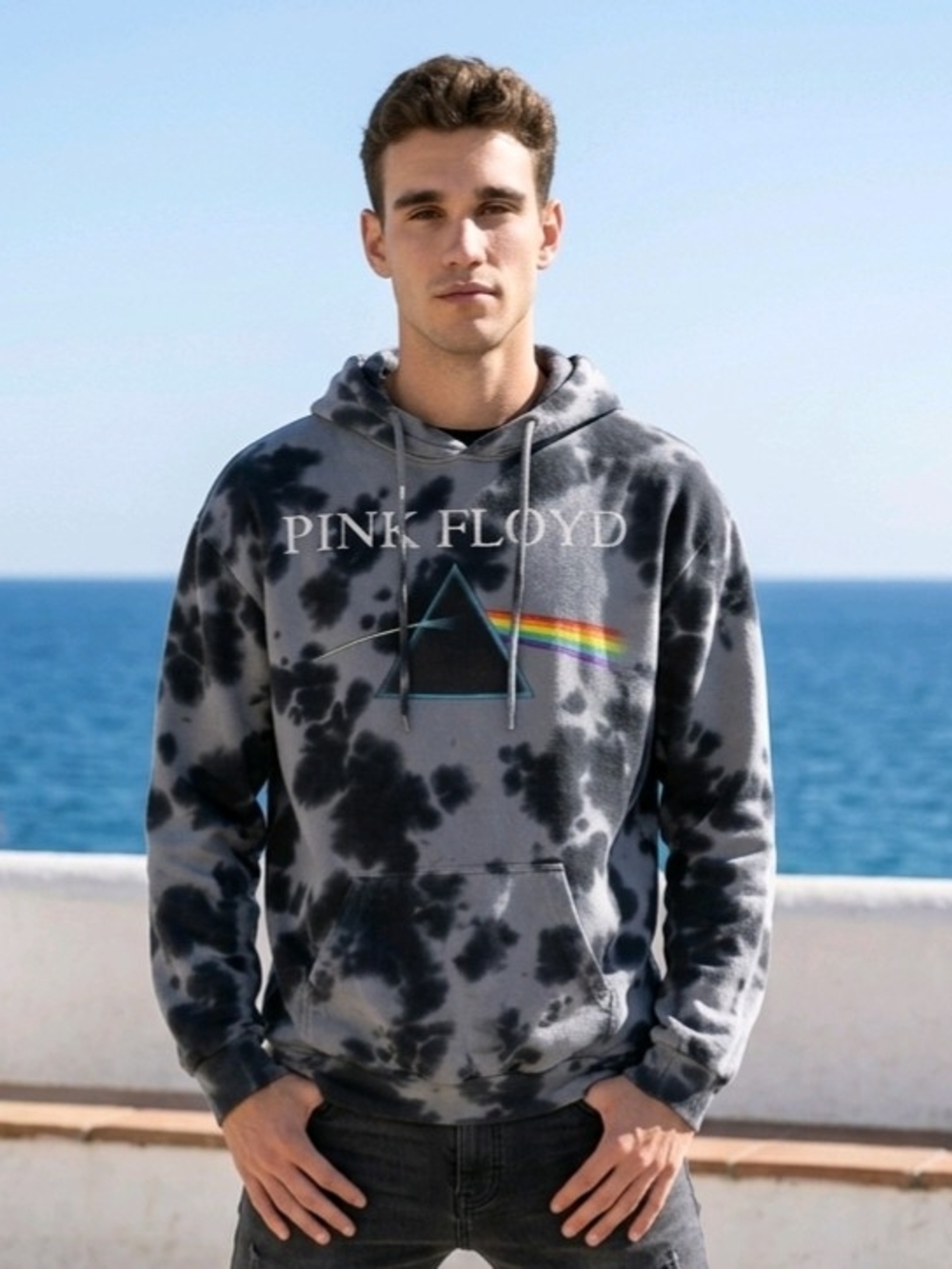 Pink Floyd "The Dark Side of the Moon" Grey/Black Tie-Dye Hoodie M GUC (bleach)